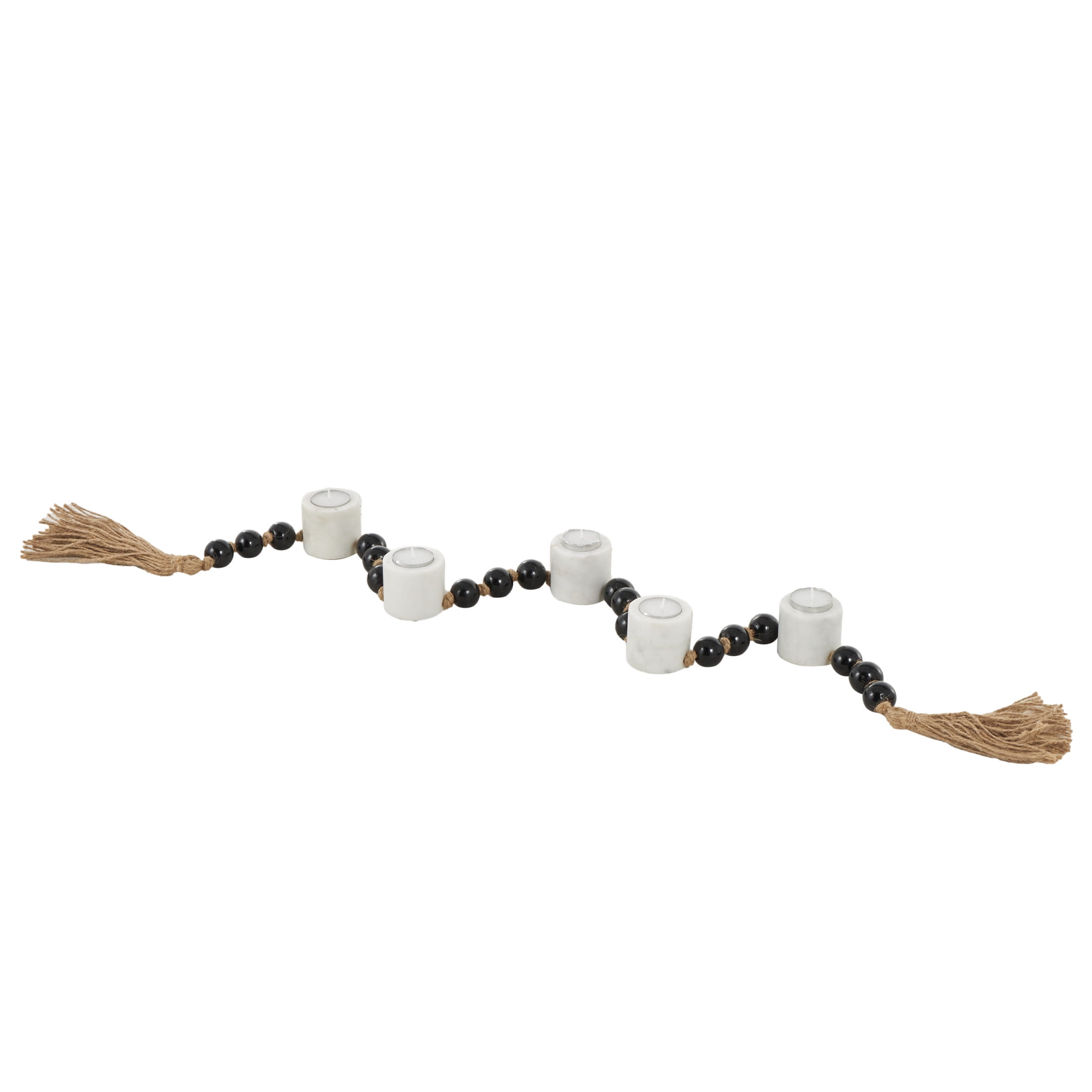 DecMode 5 Candle White Marble Round Garland Candle Holder with Brown Tassel and Black Beads