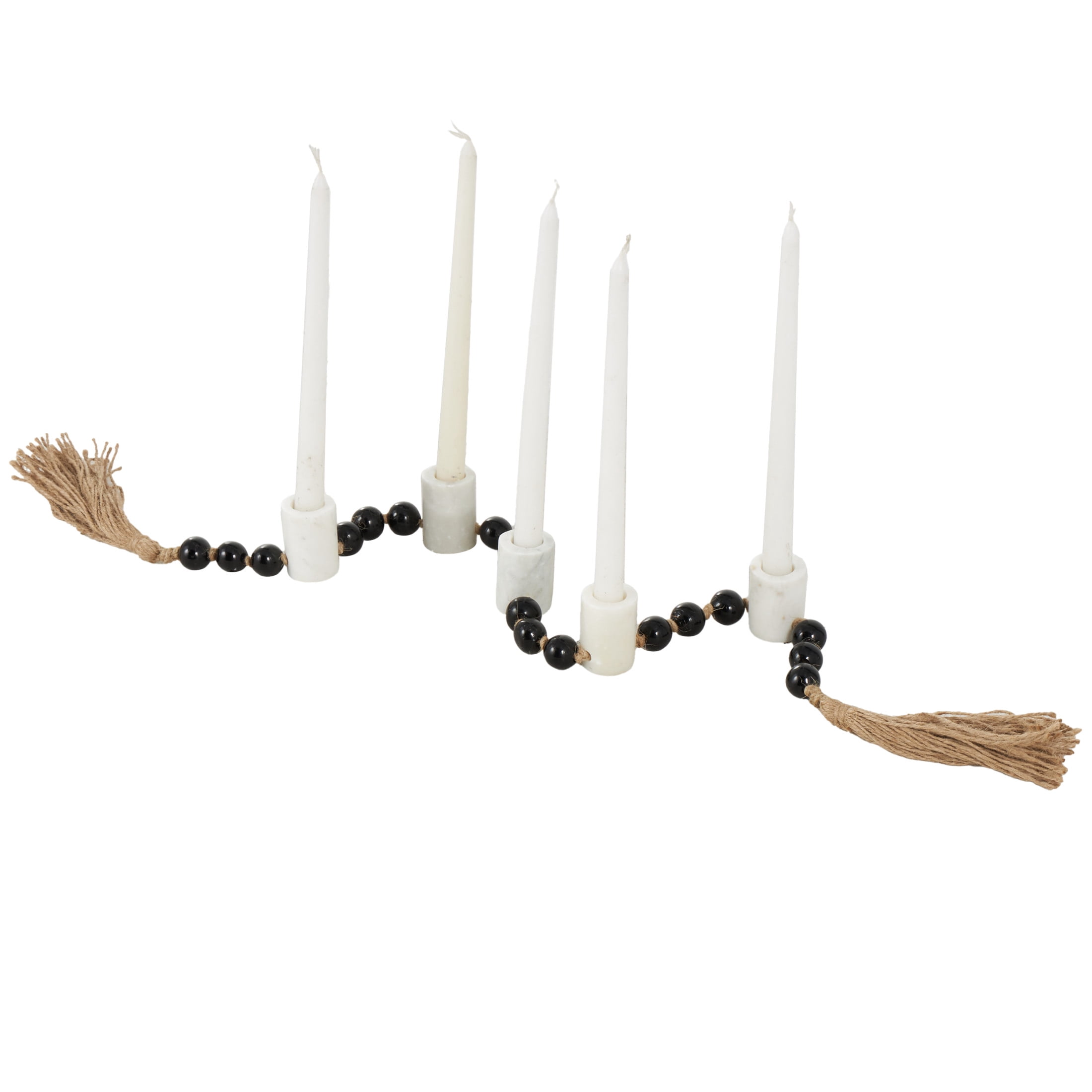 DecMode 5 Candle White Marble Round Garland Candle Holder with Brown Tassel and Black Beads