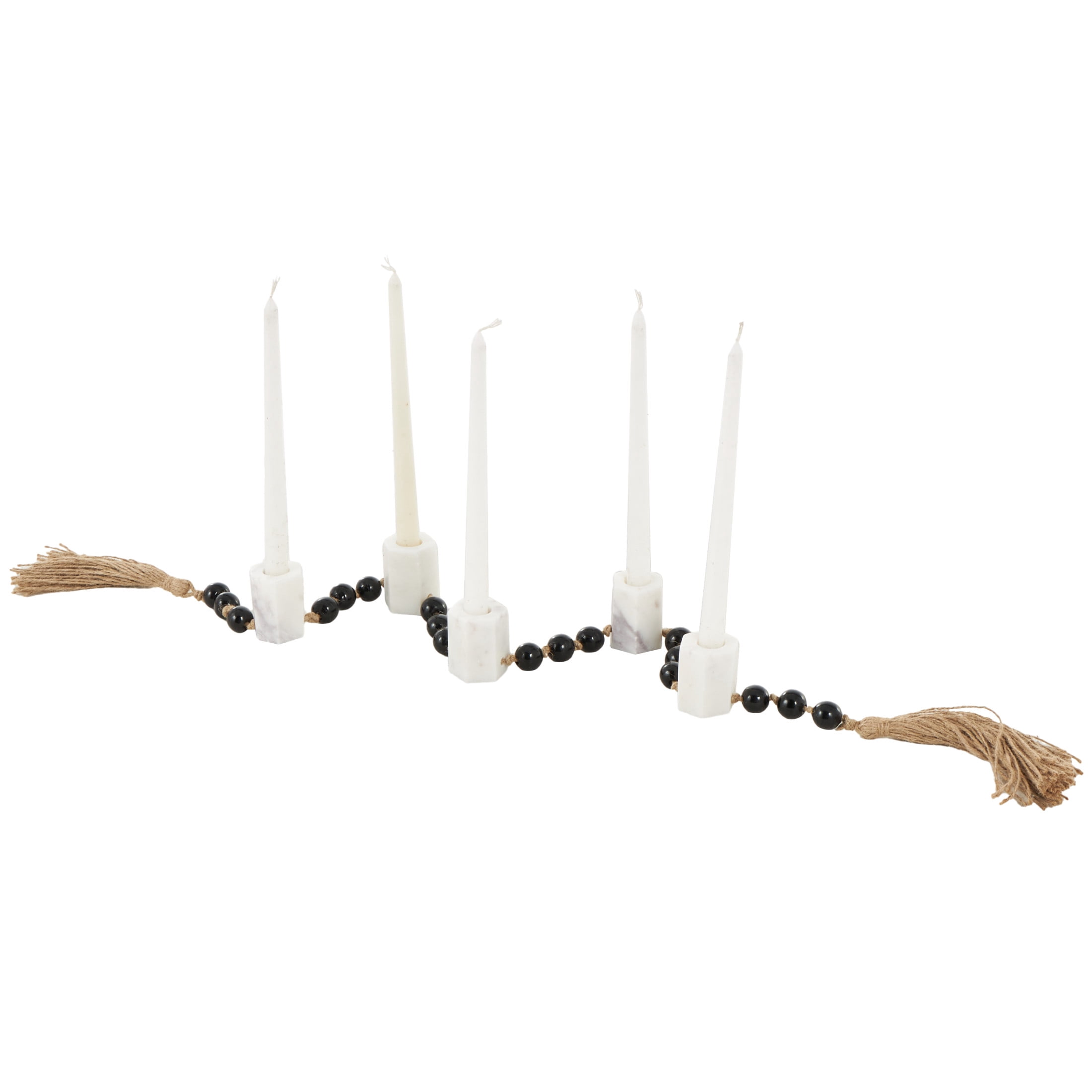 DecMode 5 Candle White Marble Hexagon Garland Candle Holder with Brown Tassel and Black Beads
