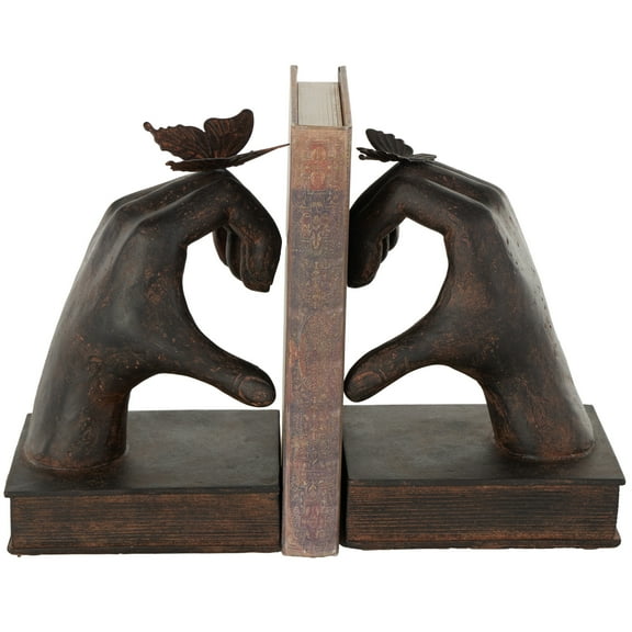 DecMode 5" Heart Inspired Hands Dark Brown Resin Bookends with Butterfly and Copper Accents (Set of 2)