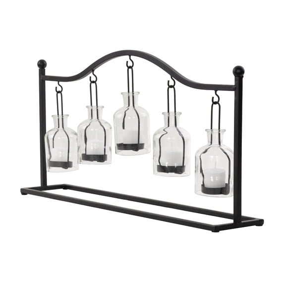 DecMode 5 Holder Black Metal Hanging Bottle Decorative Candle Lantern