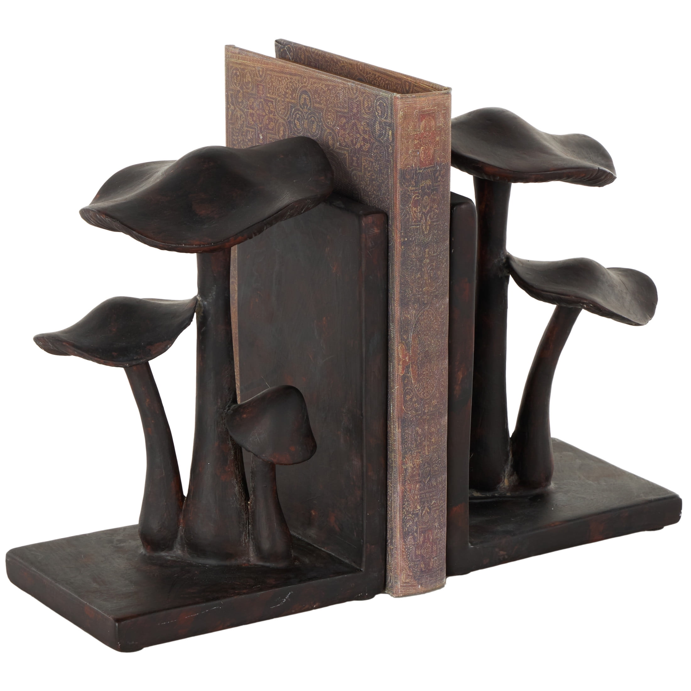 DecMode 5" Mushroom Dark Brown Polyresin Bookends with Copper Shadings (Set of 2)