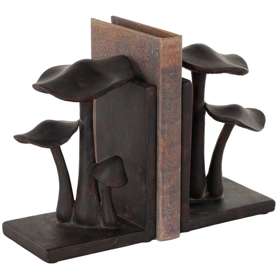 DecMode 5" Mushroom Dark Brown Polyresin Bookends with Copper Shadings (Set of 2)