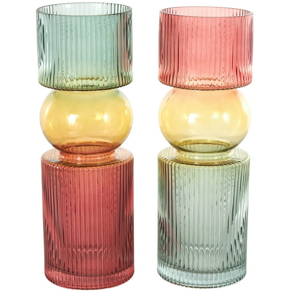 DecMode 5"W, 14"H Geometric Ribbed Multi Colored Glass Vase with Color Blocks, Set of 2