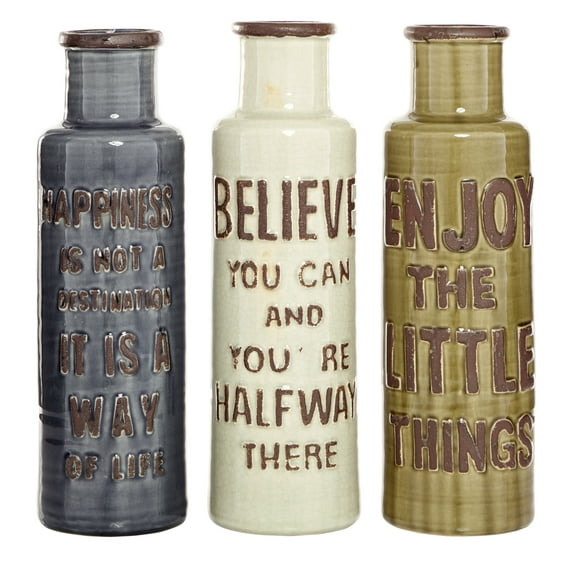 DecMode 5"W, 16"H Believe, Happiness, and Enjoy Brown Ceramic Vase, Set of 3