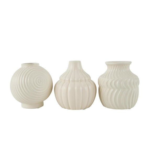 DecMode 5"W, 6"H Abstract Small Textured Cream Ceramic Vase with Varying Shapes and Patterns, Set of 3