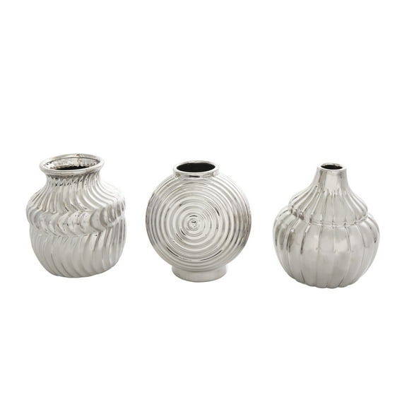 DecMode 5"W, 6"H Abstract Small Textured Silver Ceramic Vase with Varying Shapes and Patterns, Set of 3