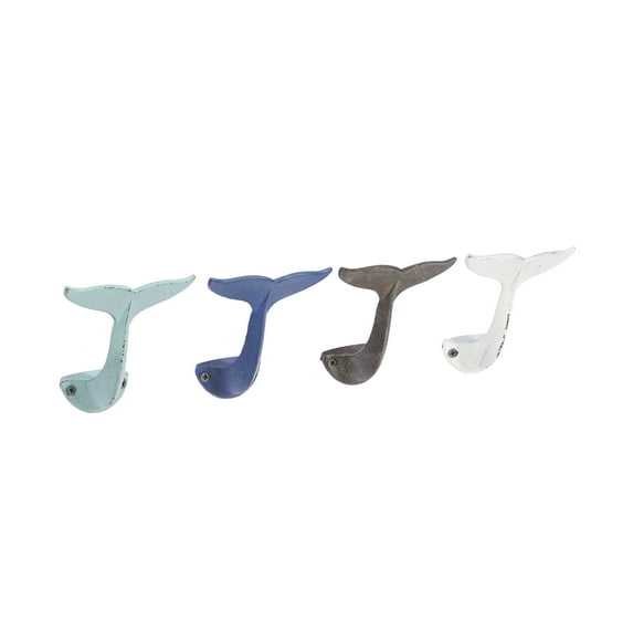 DecMode 5"W, 6"H Multi Colored Metal Single Hanger Whale Wall Hook, 4-Pieces