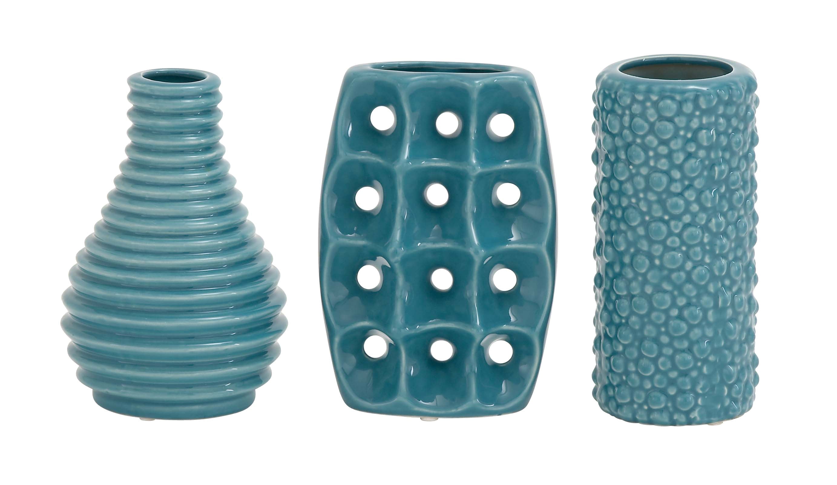 Modern Blue Ceramic Trio Vase Set with Textured Embellishments