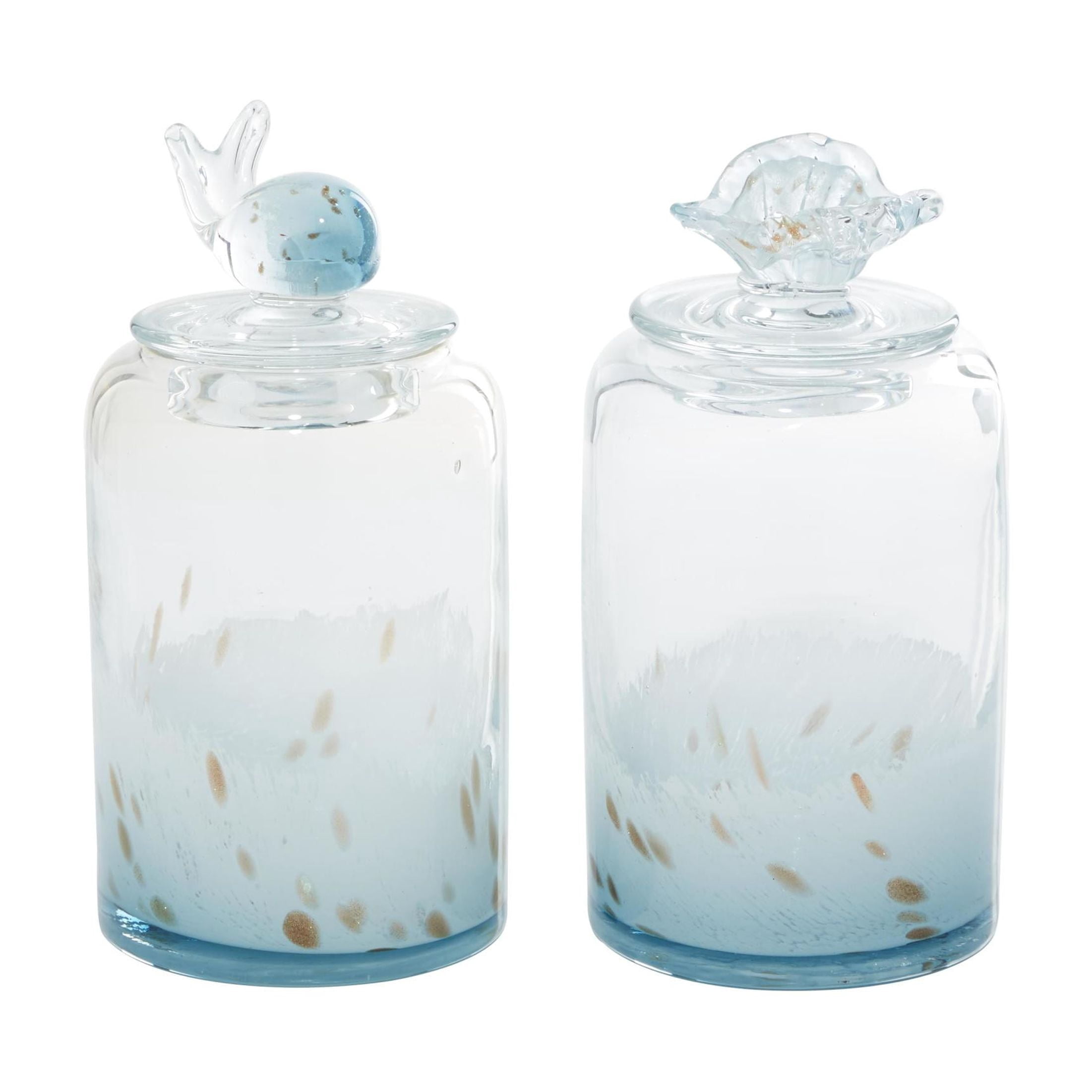 DecMode 5"W, 9"H Blue Glass Shell Handmade Decorative Jars with Whale and Seashell Tops, 2-Pieces
