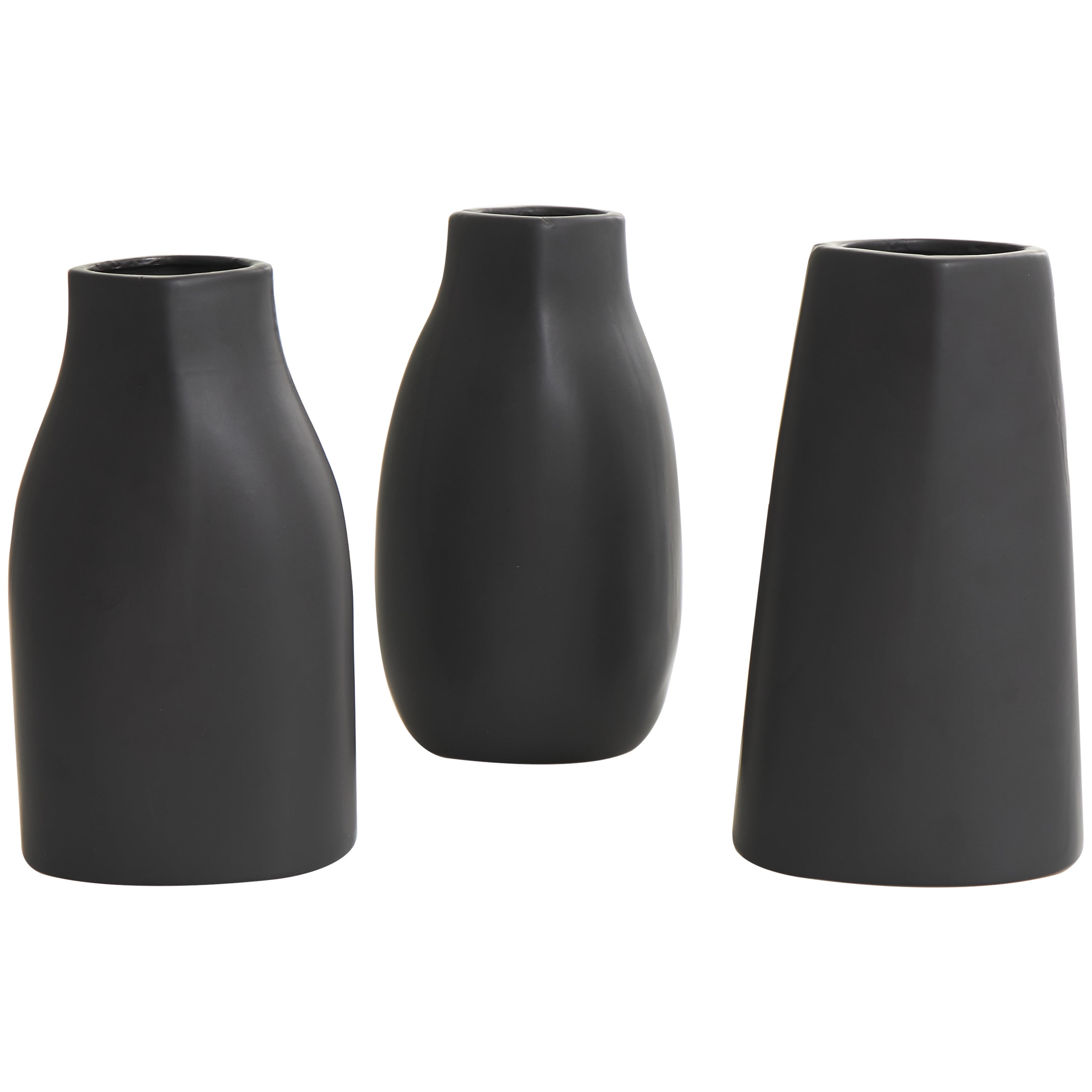 DecMode 5"W, 9"H Minimalistic Dimensional Black Ceramic Vase with Varying Shapes, Set of 3