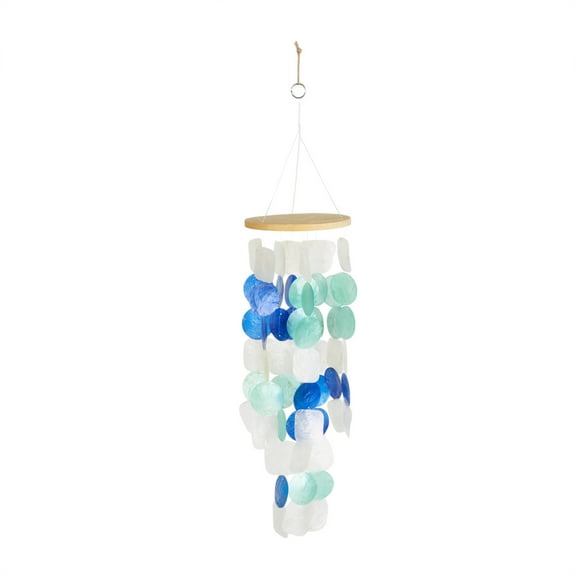 DecMode 5" White Capiz Shell Waterfall Geometric Windchime with Blue and Teal Accents