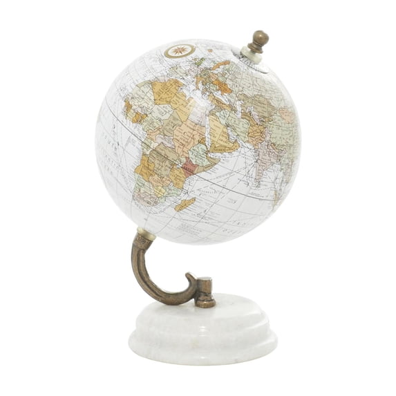 DecMode 5" White World Map Globe with White Marble Base