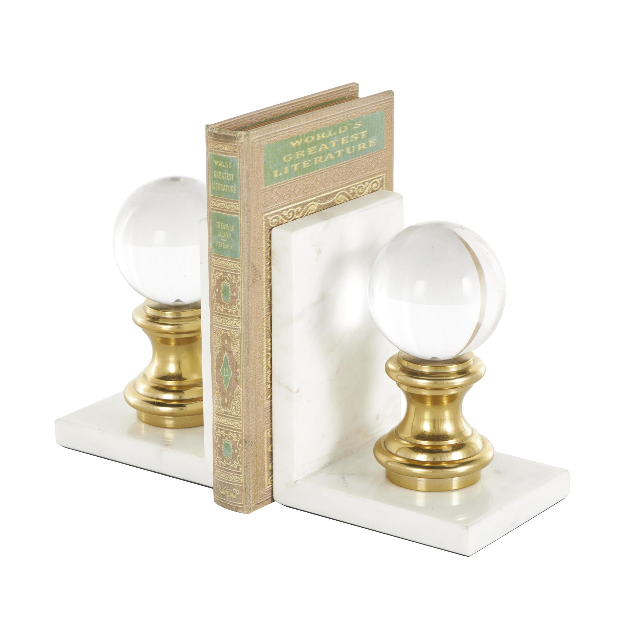 DecMode 5" White Marble Bookends with Glass Orbs and Gold Accents (Set of 2)