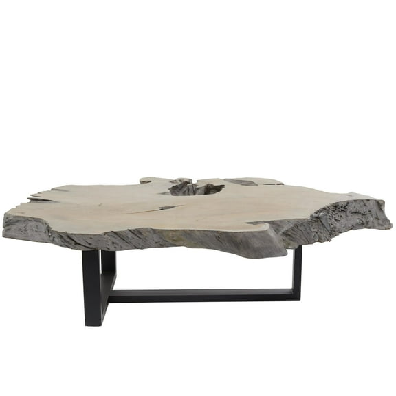 DecMode 50" x 15" Gray Teak Wood Handmade Live Edge Wood Slab Coffee Table with Black T Stand Base, 1-Piece
