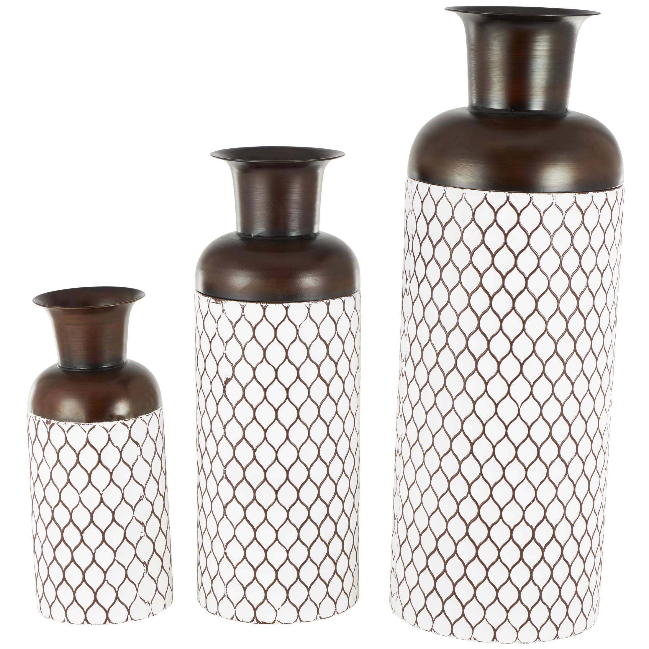 DecMode 52", 39", 27"H Tall Teardrop Shaped White Metal Vase with Brown Trumpet Tops, Set of 3