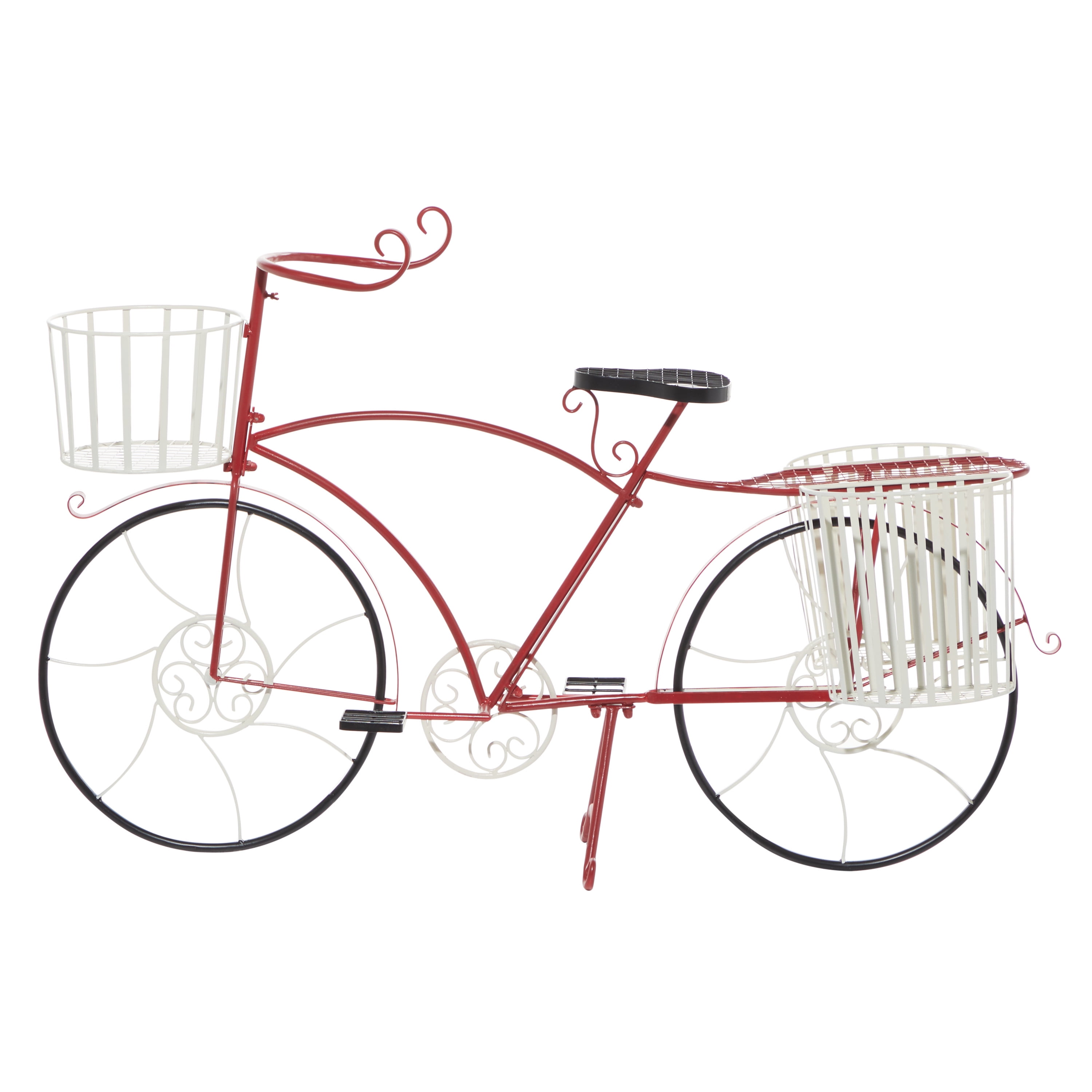 Red Metal Bicycle Plant Stand with White Baskets