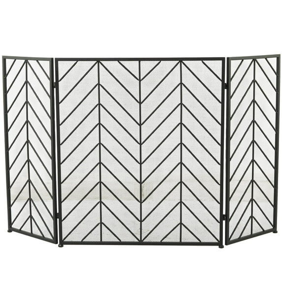 DecMode 52" x 31" Black Metal Zig Zag Foldable Chevron 3 Panel Geometric Fireplace Screen with Mesh Netting, 1-Piece