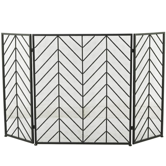 DecMode 52" x 31" Black Metal Zig Zag Foldable Chevron 3 Panel Geometric Fireplace Screen with Mesh Netting, 1-Piece