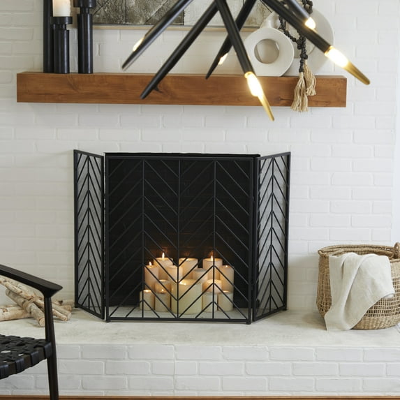 DecMode 52" x 31" Black Metal Foldable Mesh Netting 3 Panel Geometric Fireplace Screen with Chevron Pattern, 1-Piece
