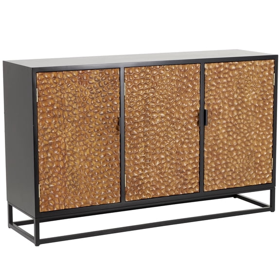 DecMode 52" x 32" Brown Wooden Handmade Carved Pebbled 3 Door Sideboard with Black Metal Frame, 1-Piece