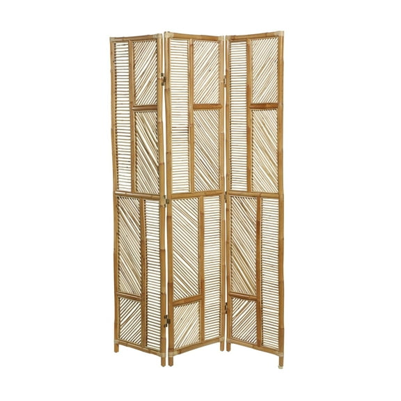 DecMode 52" x 71" Brown Wood Geometric Hinged Foldable Partition 3 Panel Room Divider Screen, 1-Piece