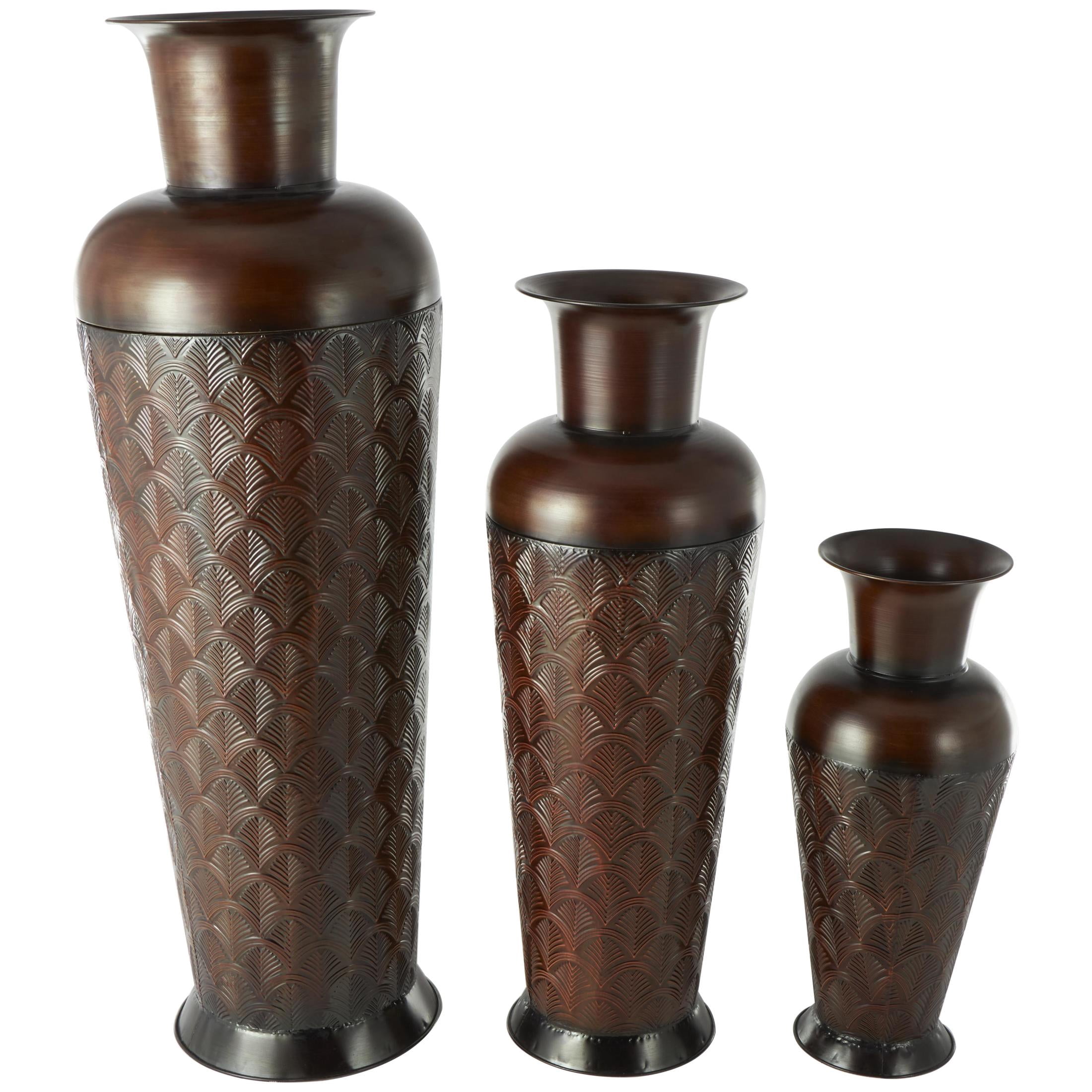 DecMode 53", 40", 27"H Geometric Tall Tapered Floor Dark Brown Metal Vase with Brown Trumpet Tops, Set of 3