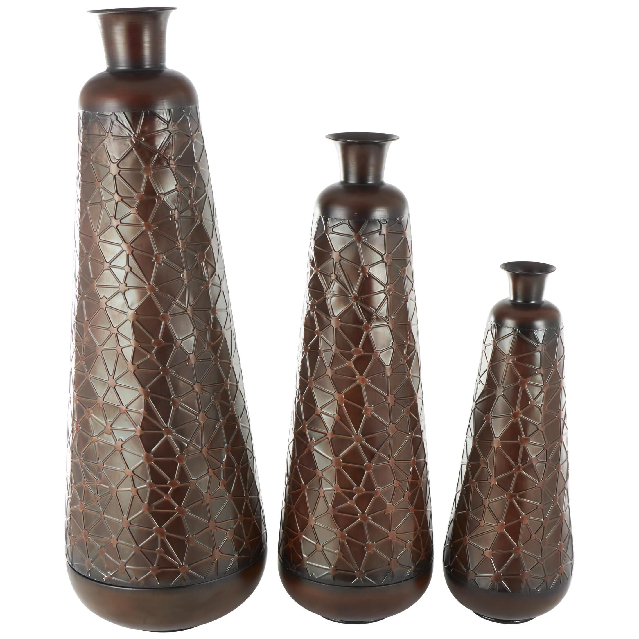 DecMode 53", 43", 32"H Tall Teardrop Shaped Dark Brown Metal Vase with Brown Trumpet Tops, Set of 3