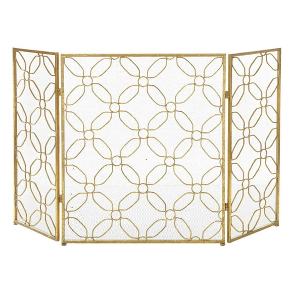 DecMode 53" x 31" Gold Metal Foldable Mesh Netting 3 Panel Geometric Fireplace Screen, 1-Piece