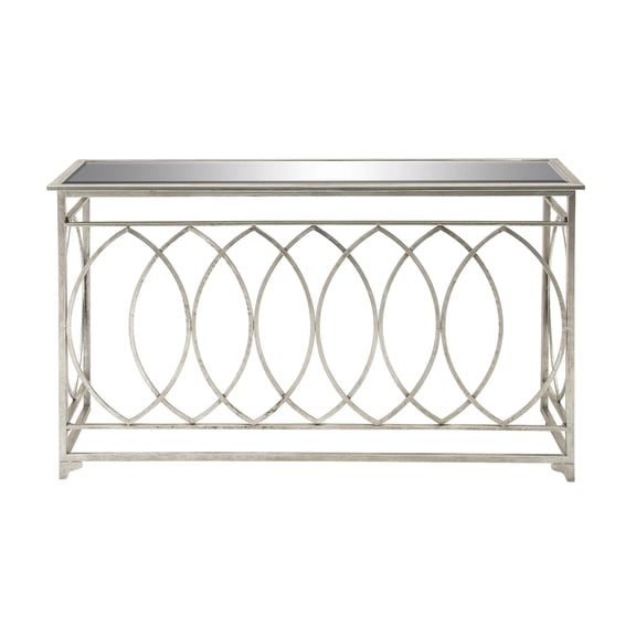 DecMode 54" x 32" Silver Metal Rectangular Geometric Console Table with Mirrored Glass Top, 1-Piece
