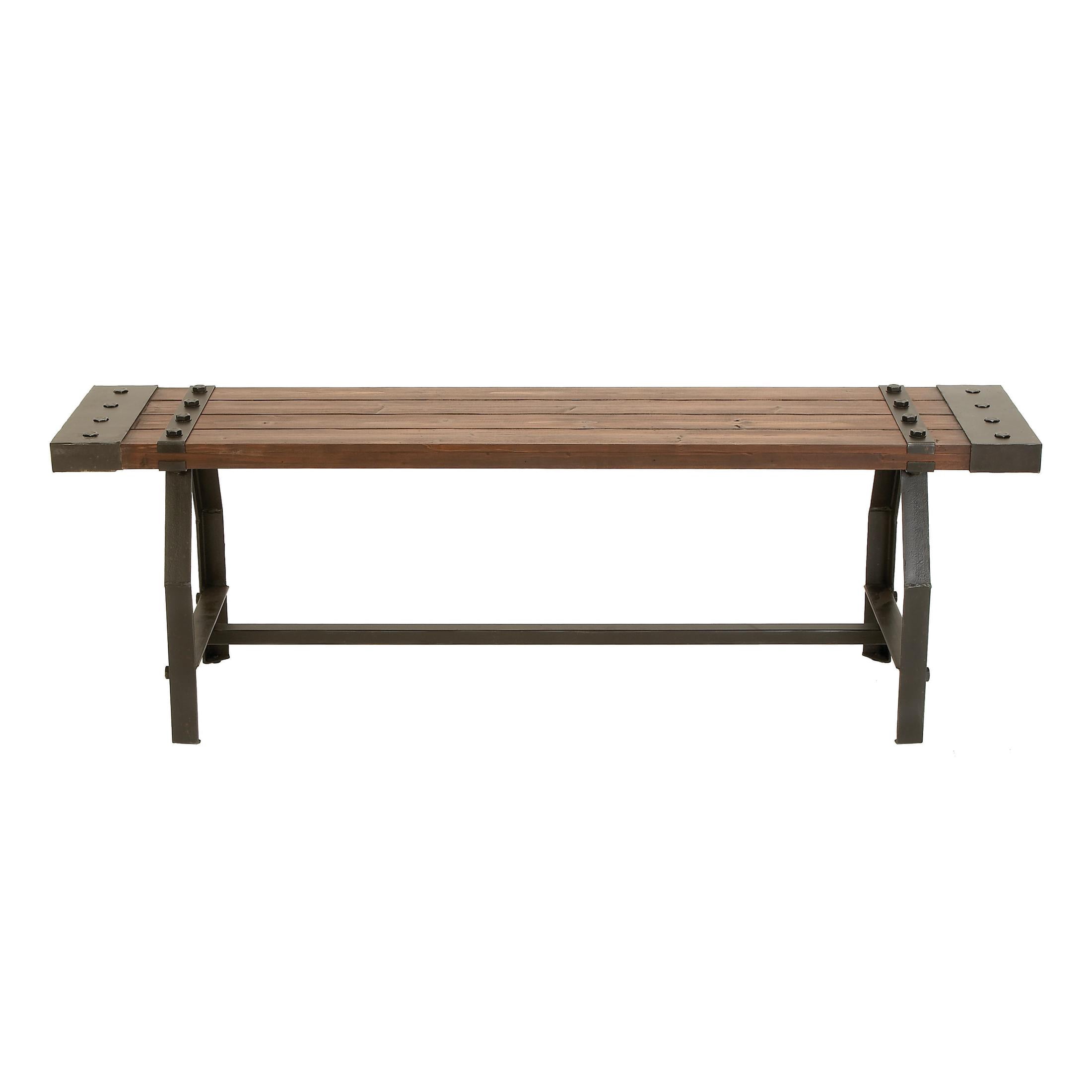 DecMode Wood Slatted Bench with Black Metal Base and Studs, Brown