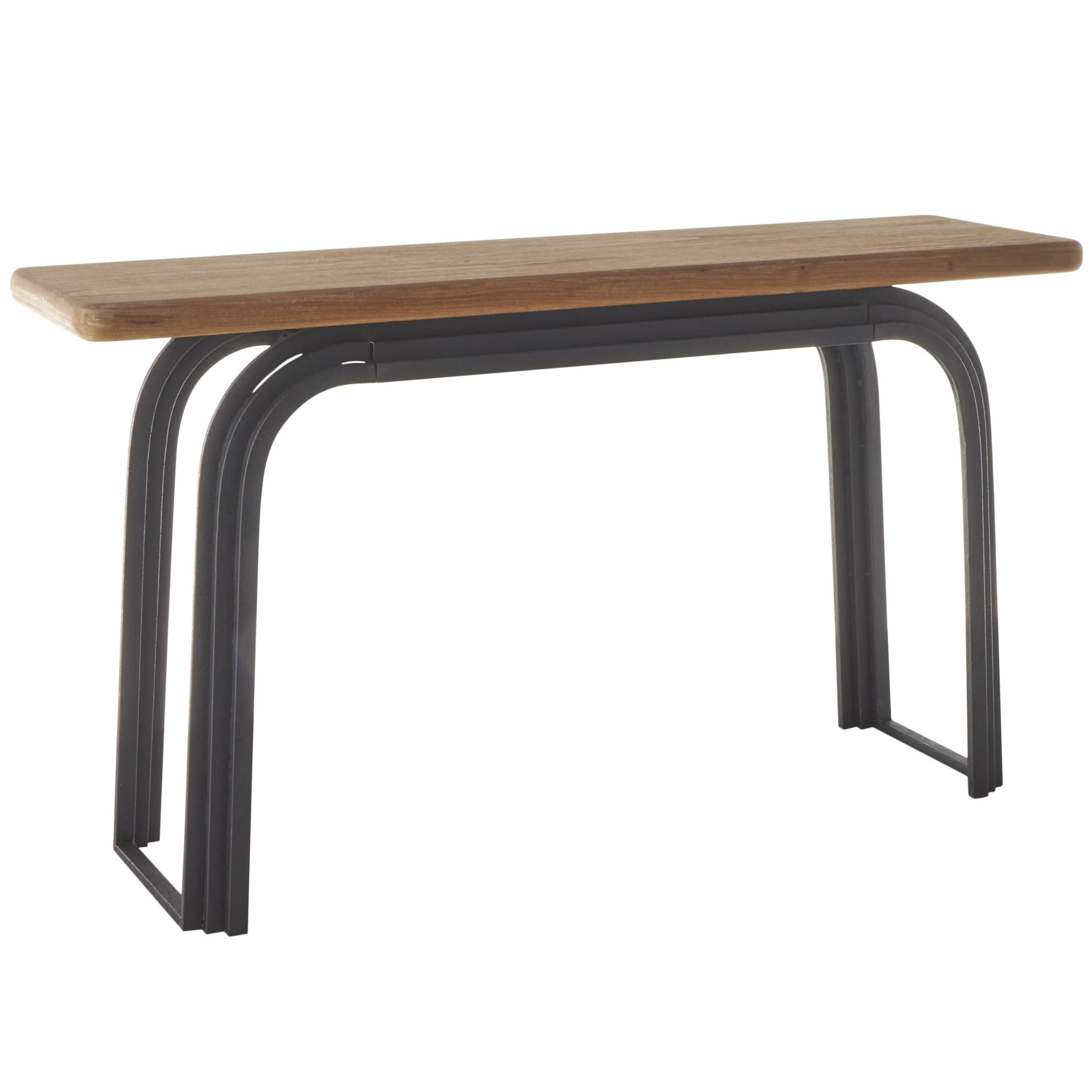 DecMode 55" x 31" Black Metal Layered Arch Console Table with Brown Tabletop, 1-Piece