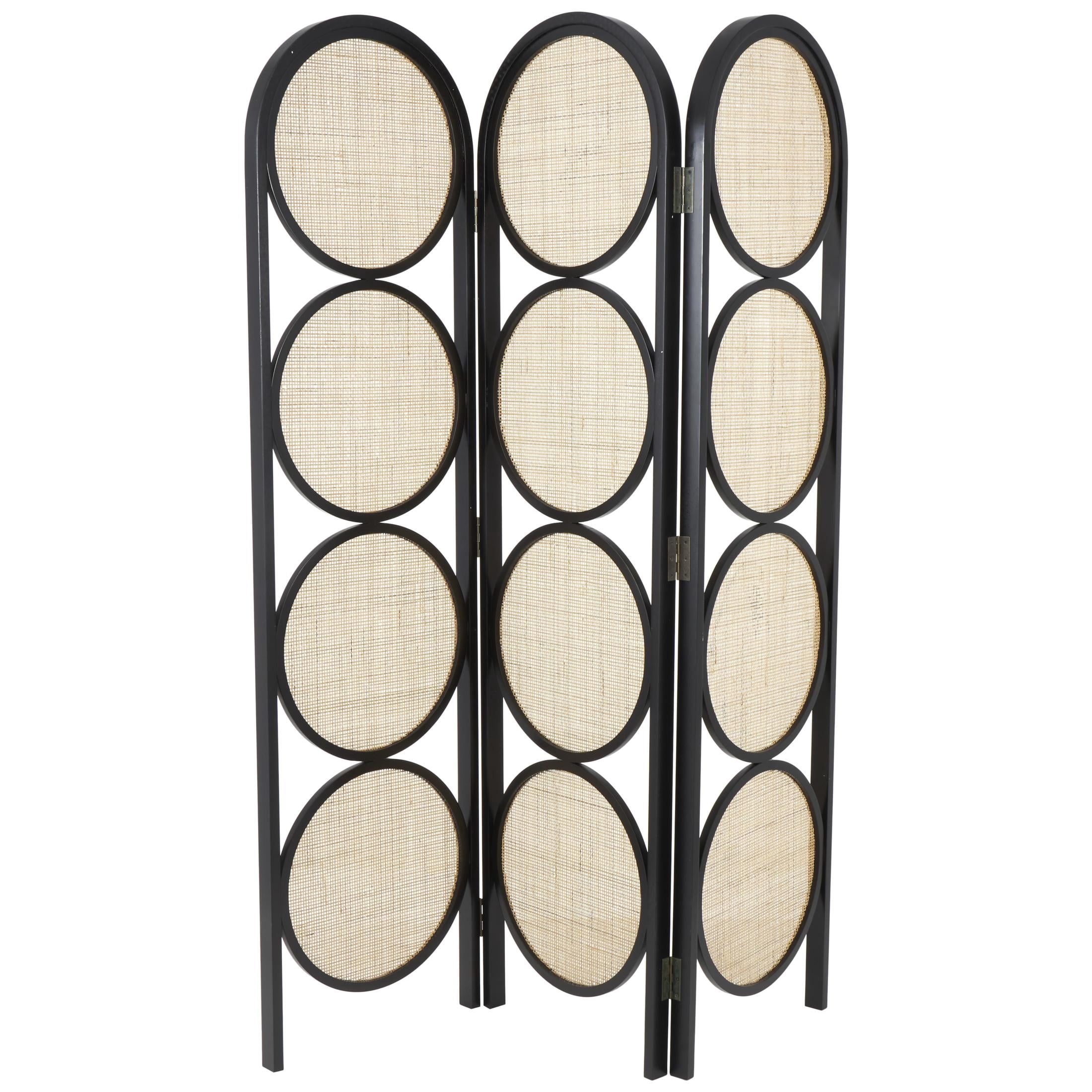 DecMode 55" x 71" Black Wooden Geometric Handmade Arched Foldable 3 Panel Room Divider Screen with Woven Cutouts, 1-Piece