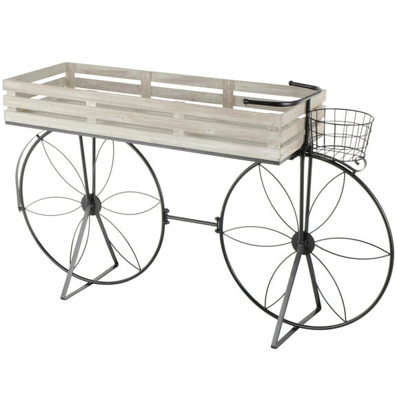 DecMode 56" x 15" x 30" Cream Metal Floral Plantstand with Flower Inspired Wheels