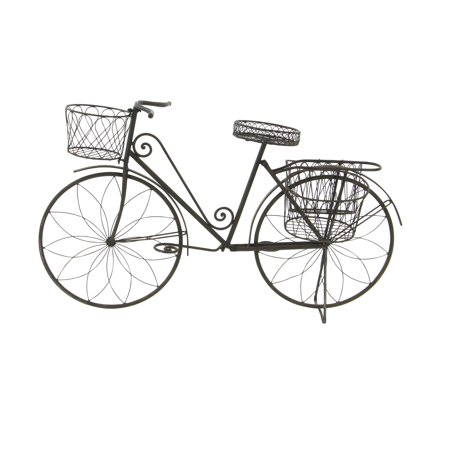 DecMode 56" x 21" x 31" Brown Metal Wire Floral Scrolled Bike Plantstand with Basket and Saddle Bag Planters