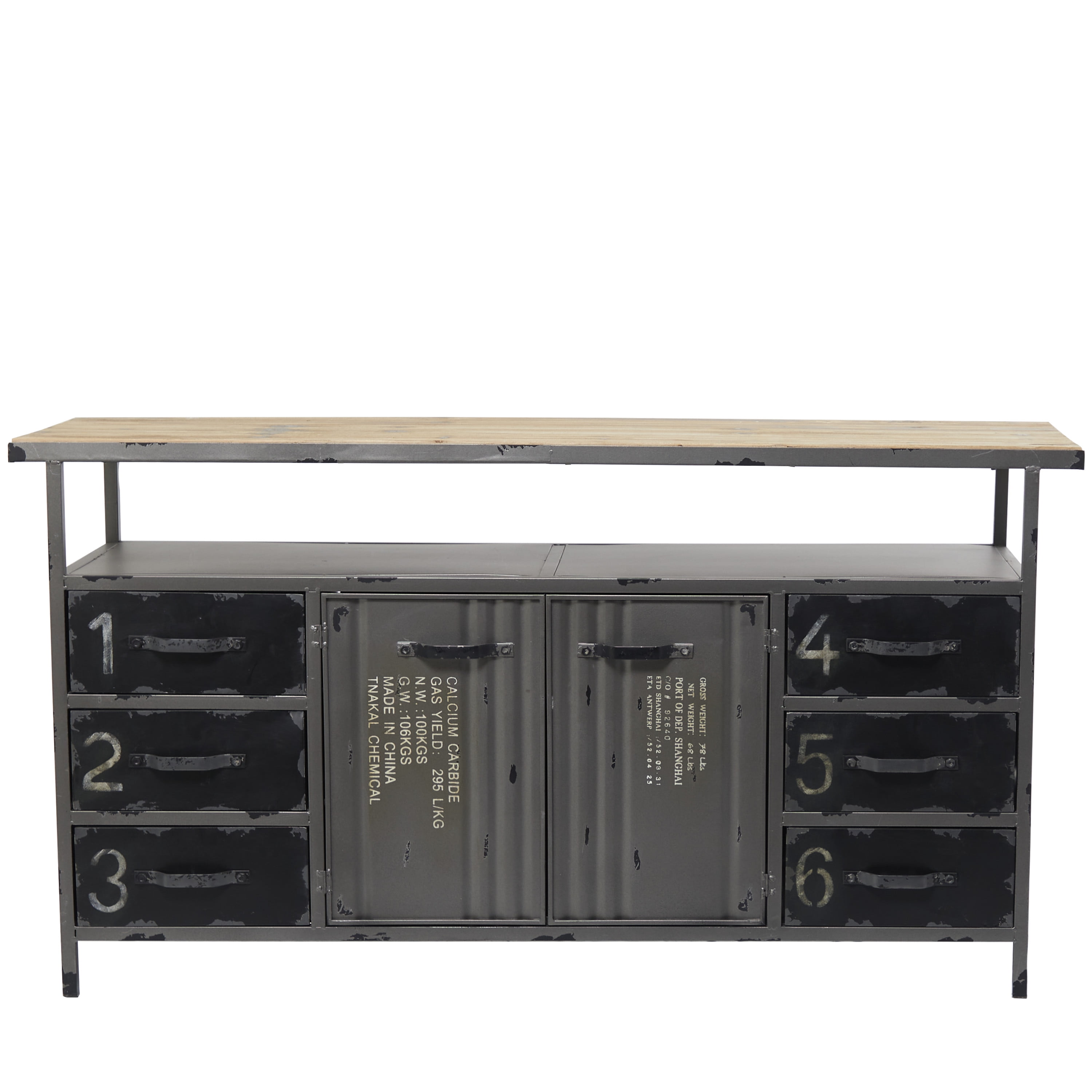 Gray Metal and Wood Industrial Sideboard with Numbered Drawers