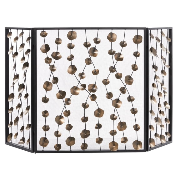 DecMode 56" x 32" Gold Metal Foldable Mesh Netting 3 Panel Floral Fireplace Screen with 3D Floral on Vines, 1-Piece