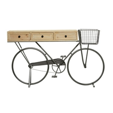 DecMode 58" x 34" Black Metal Bike 3 Drawers Console Table with Brown Wood Top, 1-Piece