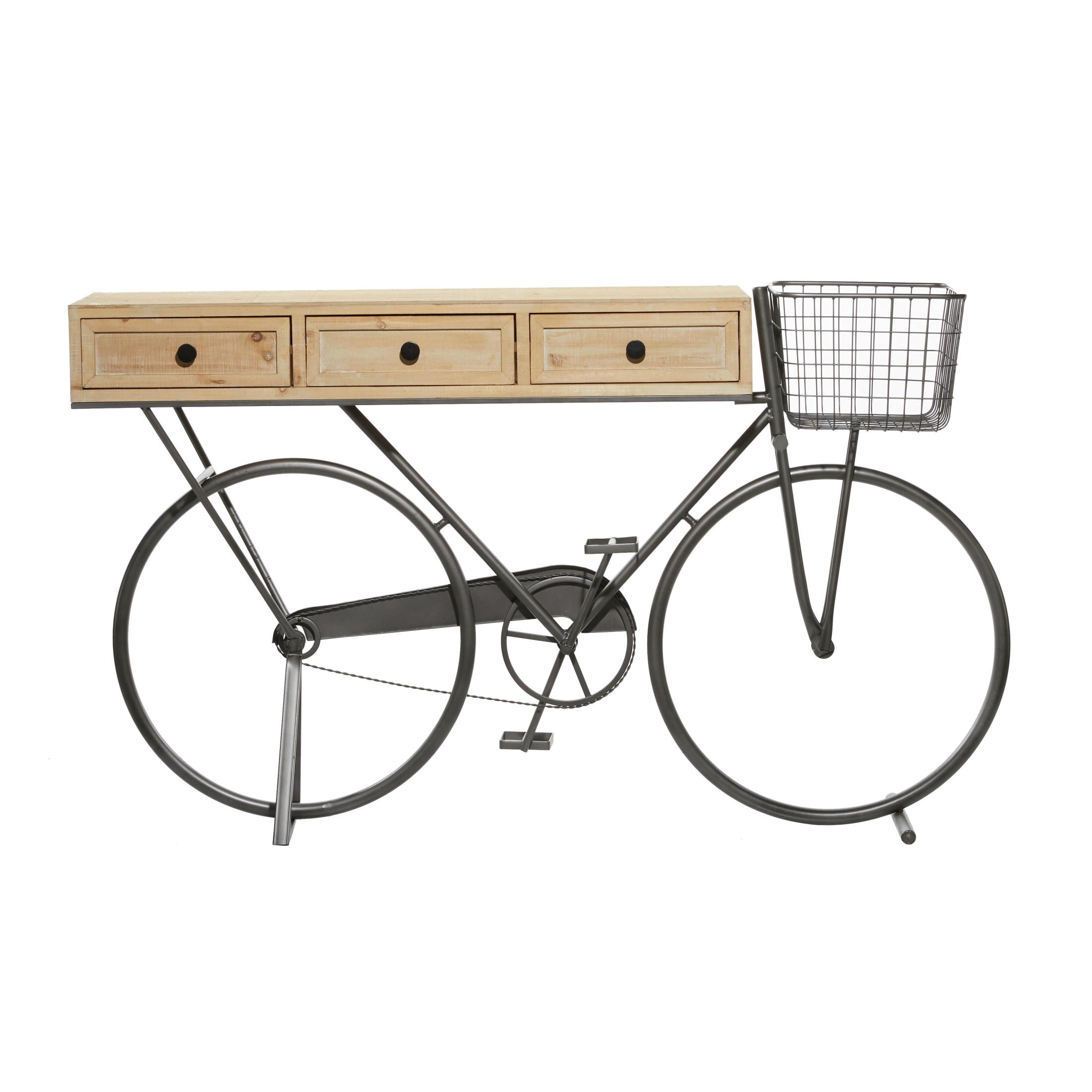 DecMode 58" x 34" Black Metal Bike 3 Drawer Console Table with Brown Wood Top, 1-Piece