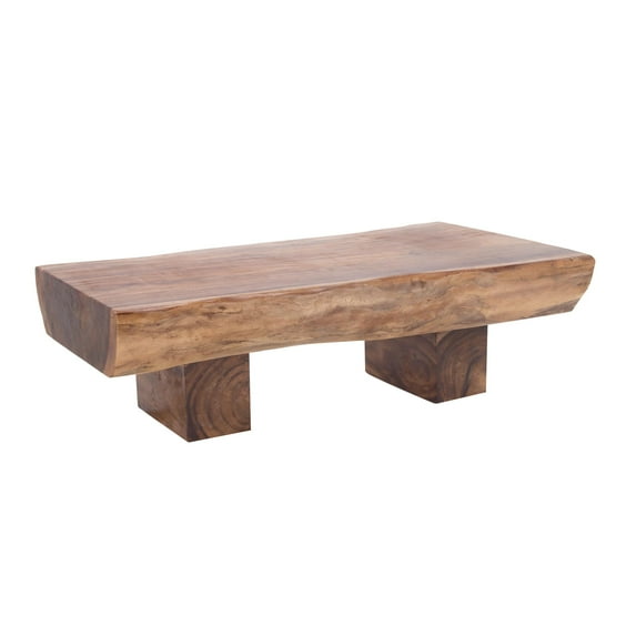 DecMode 59" x 19" Brown Wood Handmade Live Edge T Stand Coffee Table with Block Style Base, 1-Piece