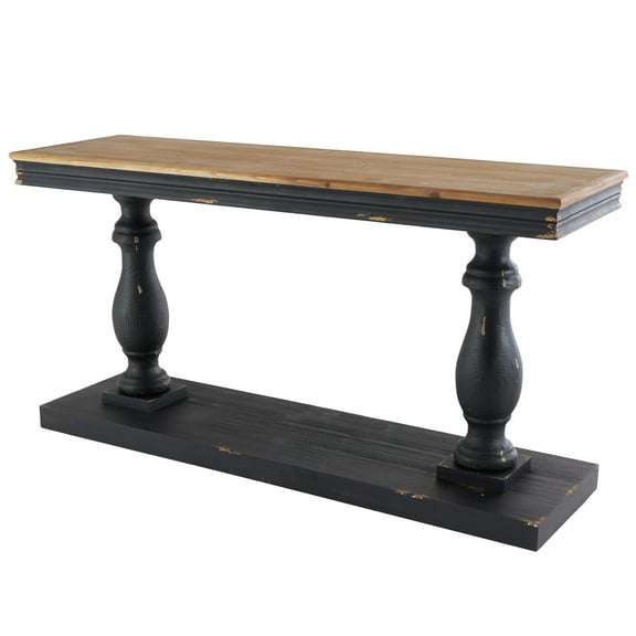 DecMode 59" x 31" Black Wood Distressed Console Table with Brown Wood Top, 1-Piece