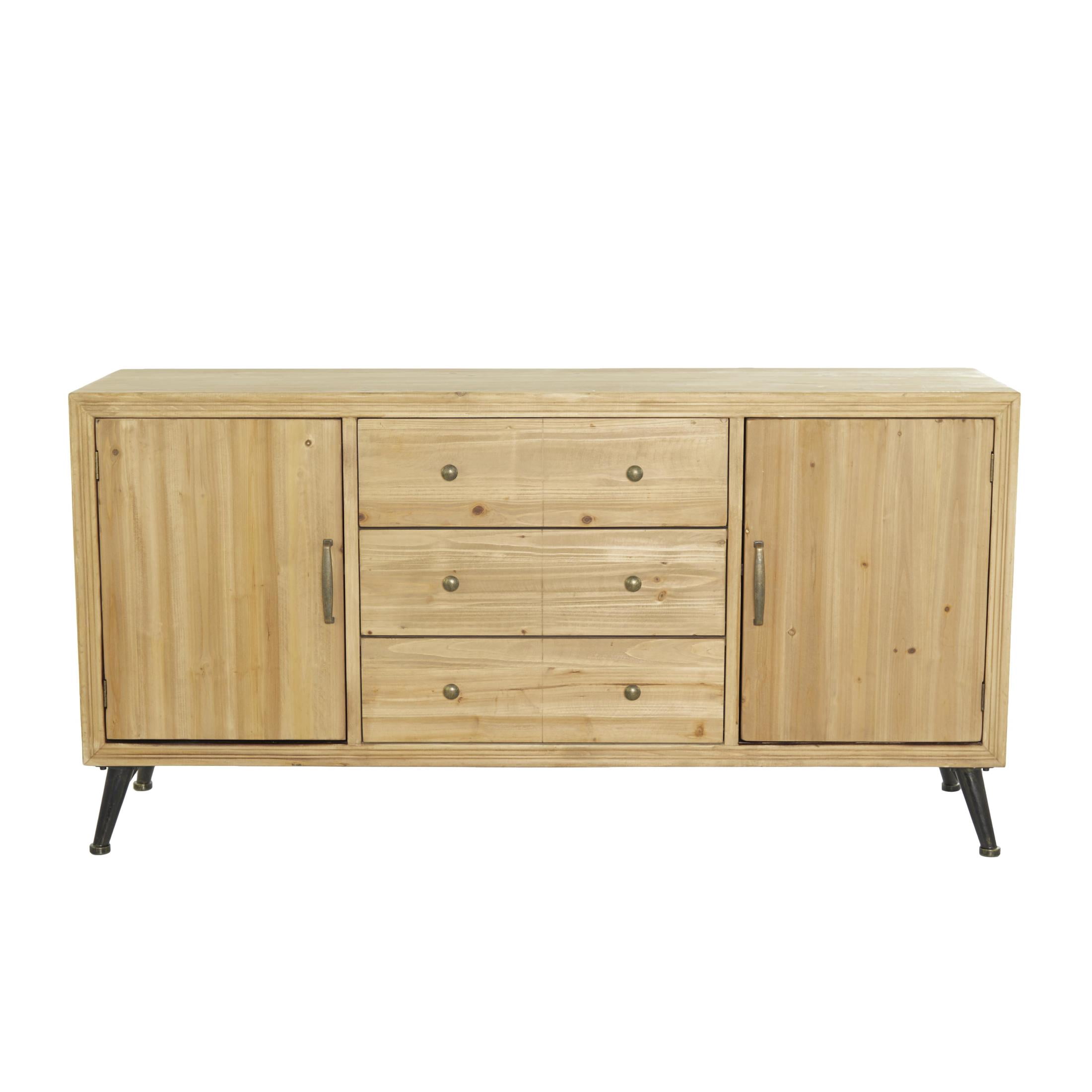 DecMode 59" x 31" Light Brown Wooden 2 Door and 3 Drawer Sideboard with Black Tapered Legs, 1-Piece