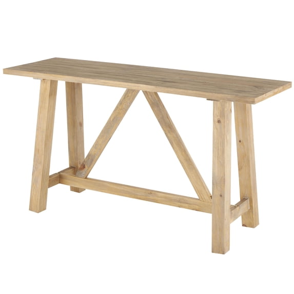 DecMode 59" x 32" Light Brown Wood Rectangular Console Table with Flared Legs and Crossed Beams, 1-Piece