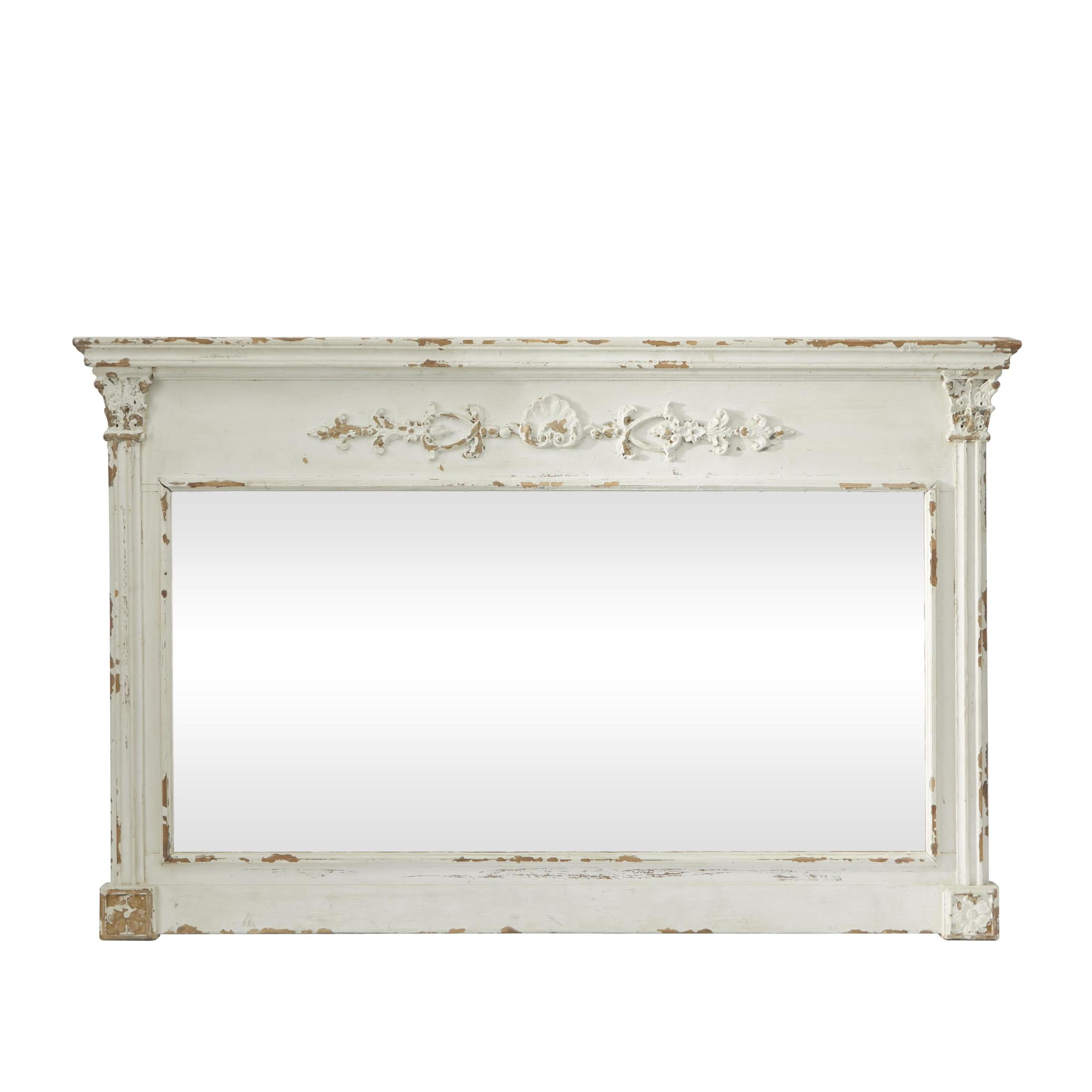 DecMode 59" x 36" Cream Carved Floral Wall Mirror with Distressing