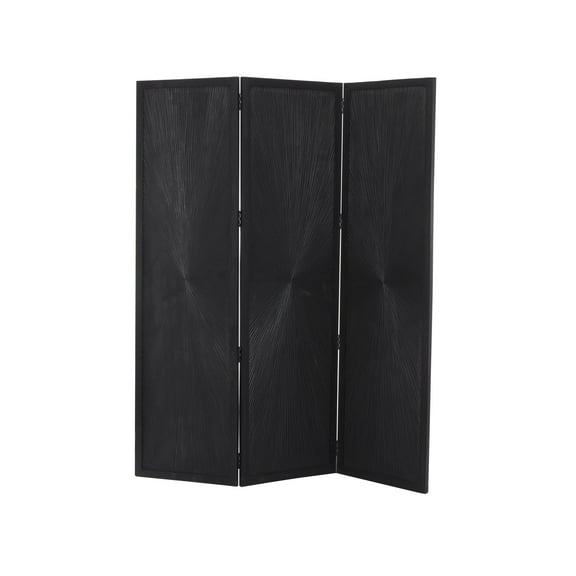 DecMode 59" x 70" Black Mango Wood Foldable Partition 3 Panel Room Divider Screen with Carved Design, 1-Piece