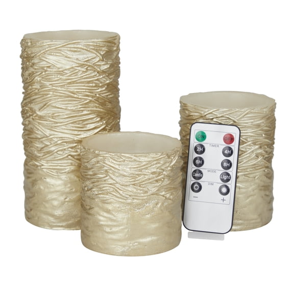 DecMode 6", 4", 3"H Textured Unscented Wax Flameless Candle with Remote Control (Set of 3)