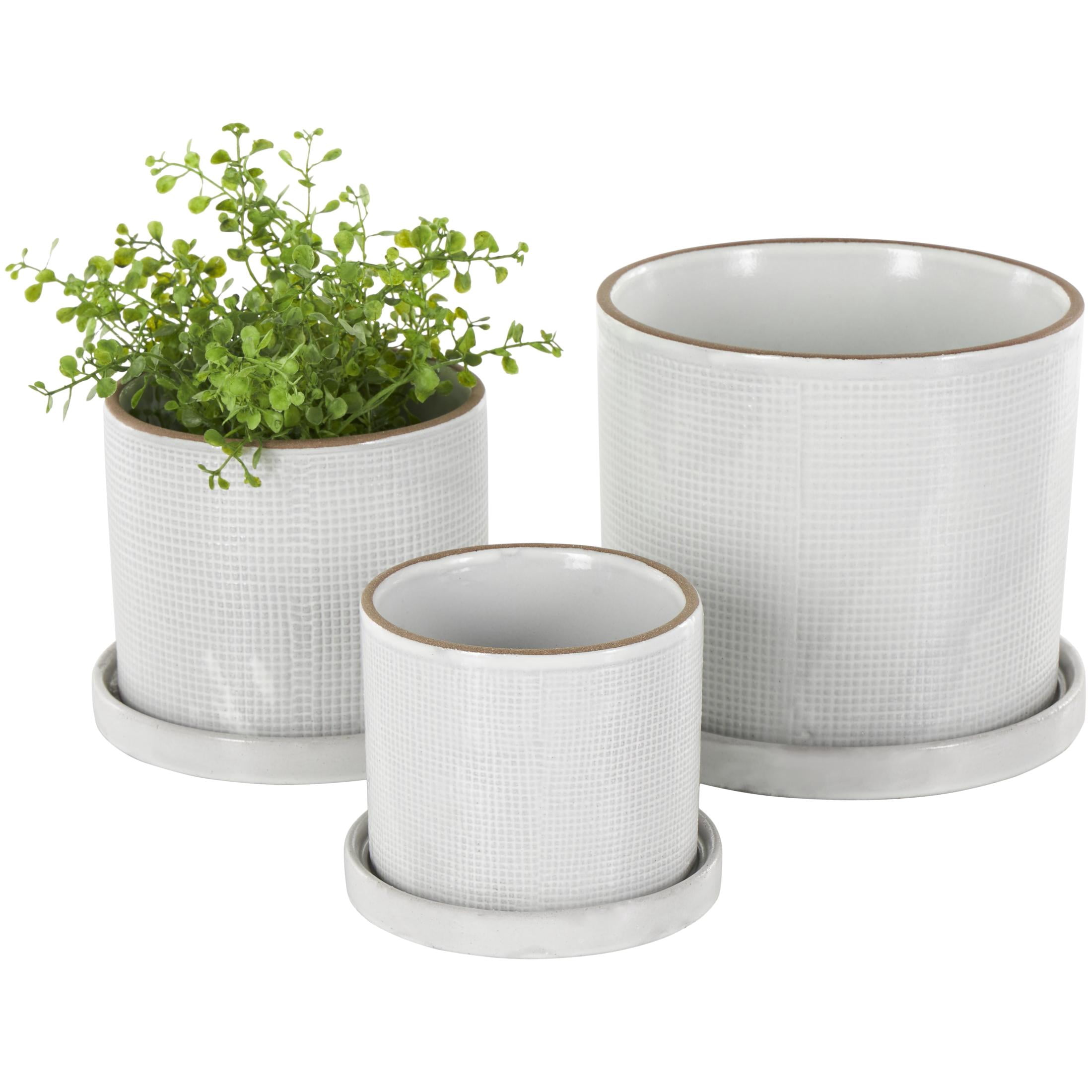 DecMode 6", 5"H Grid Patterned White Ceramic Geometric Planter with Brown Accents and Base Tray (3 Count)