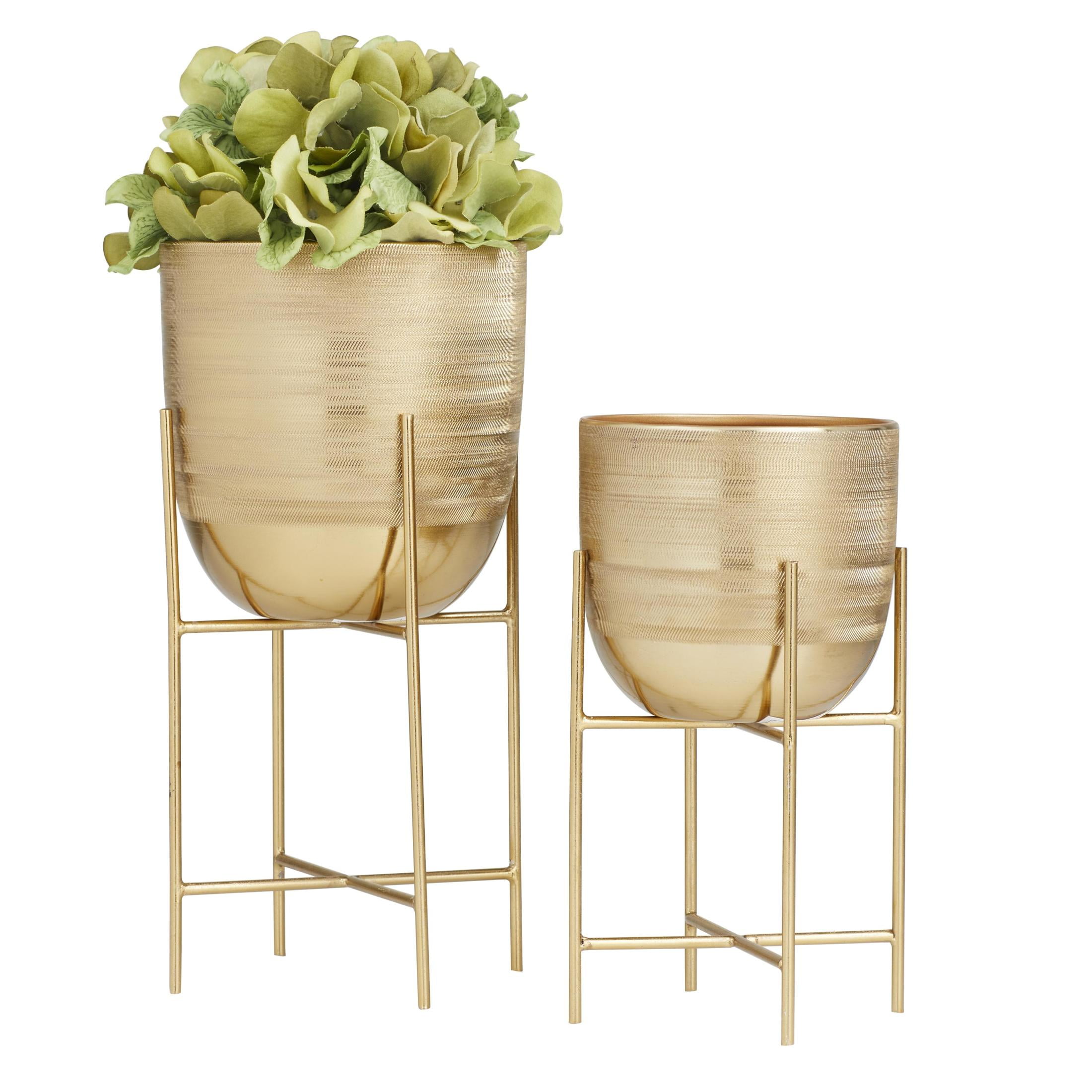 DecMode 6", 5"W Small Brushed Dome Gold Metal Planter with Removable Stand (2 Count)