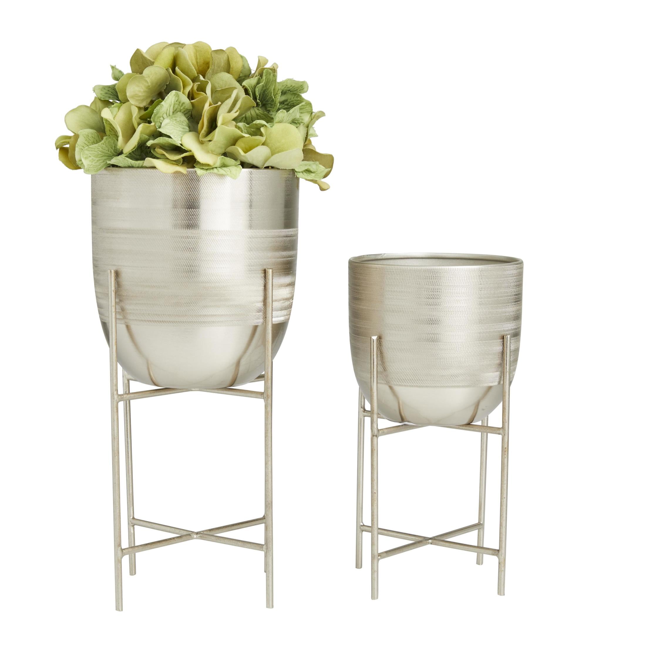 DecMode 6", 5"W Small Brushed Dome Silver Metal Planter with Removable Stand (2 Count)