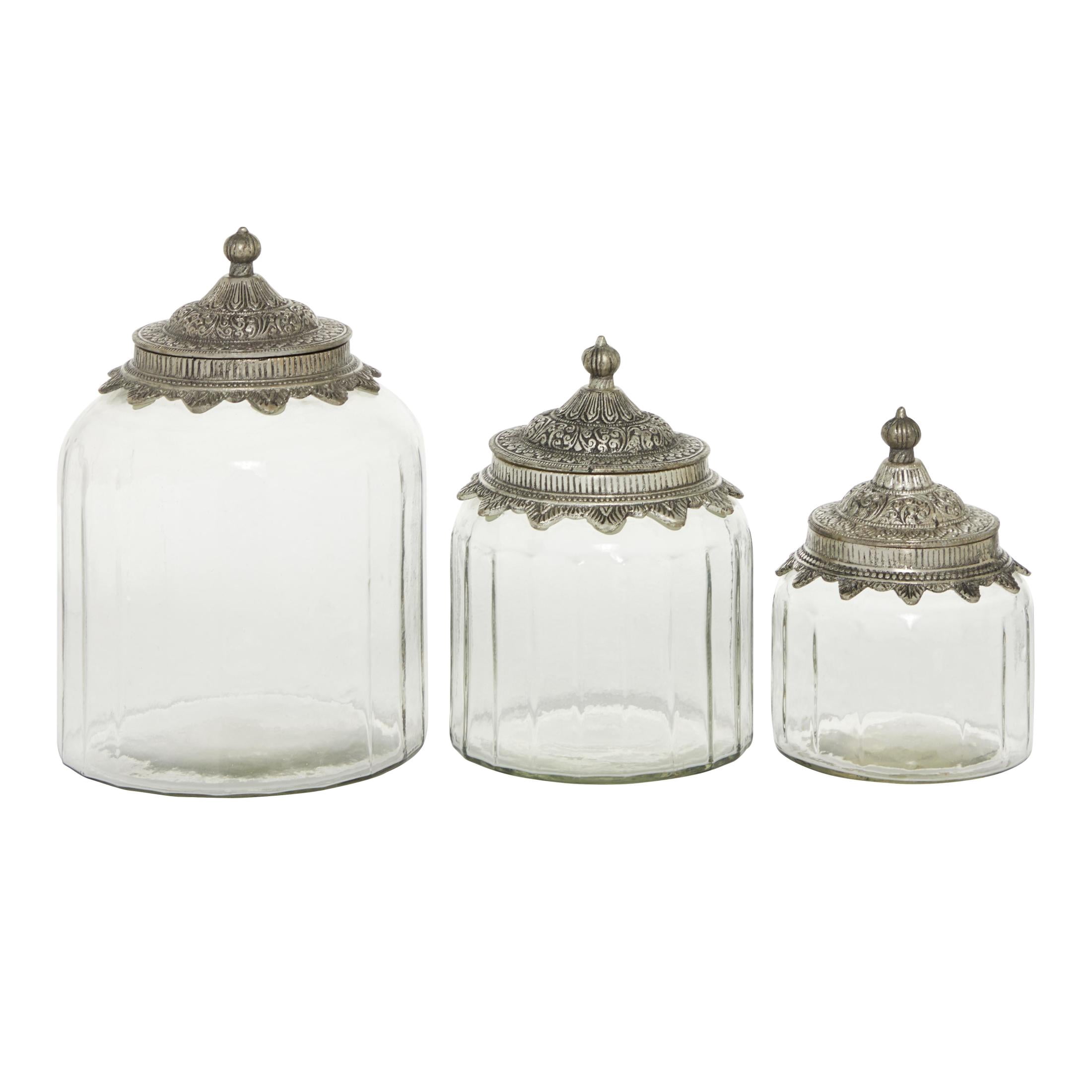 DecMode 6", 7", 9"H Clear Glass Decorative Jars with Engraved Silver Lids, 3-Pieces
